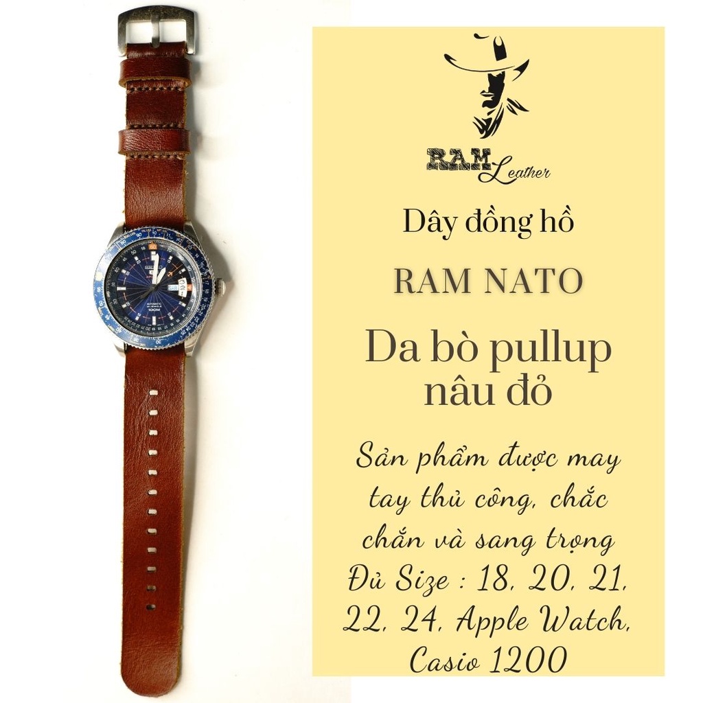 Dây đồng hồ RAM Leather vintage nato da bò màu nâu đỏ