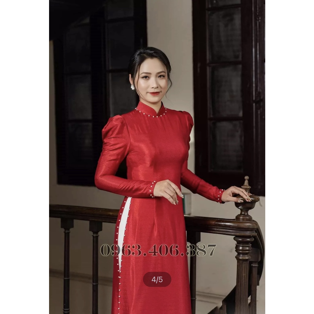[𝐌𝐀𝐑𝐈𝐀] ÁO DÀI CÔ DÂU MÀU ĐỎ LỤA ĐÍNH HẠT TAY BỒNG