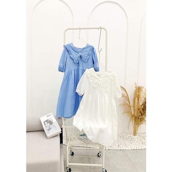 Váy bbd cổ sen đắp ren tay bồng dáng ngắn