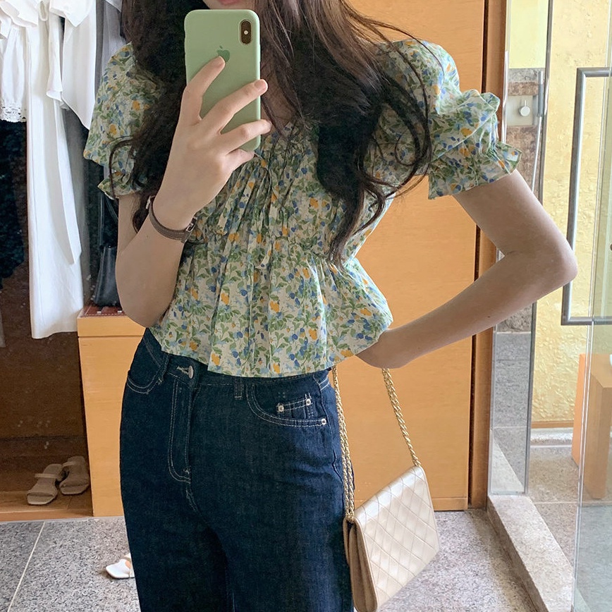 Áo SUXI tay ngắn cổ chữ V in hoa phong cách Hàn Quốc cổ điển