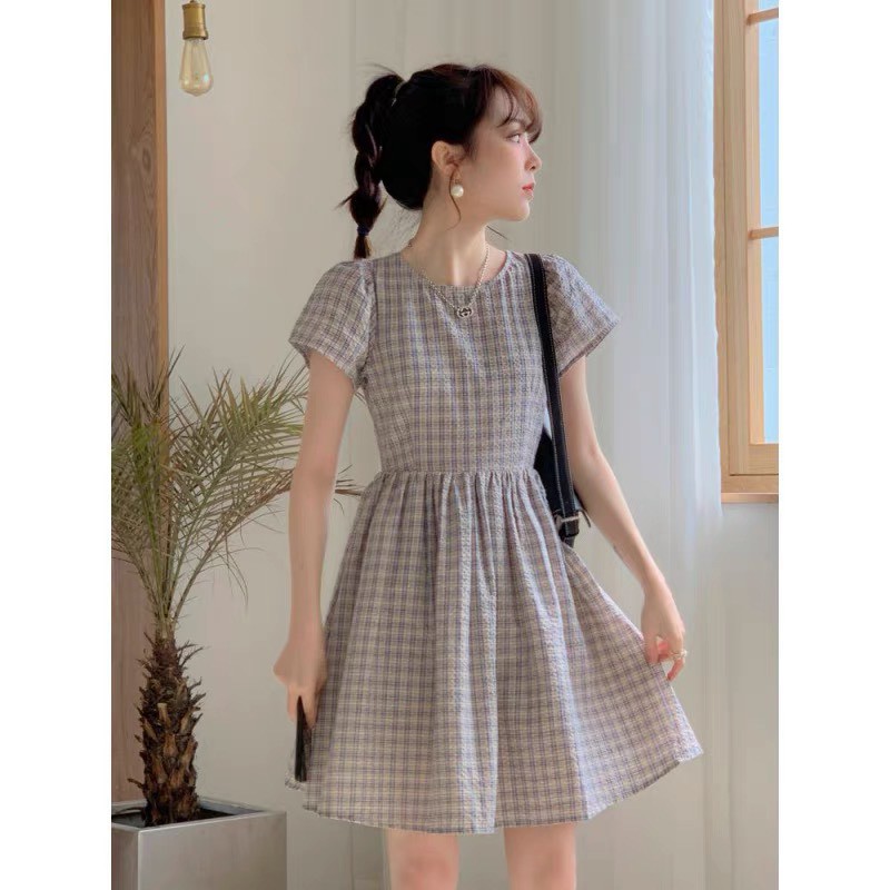 Đầm xòe caro , nơ sau kiểu tiểu thư xinh yêu dễ thương, dự tiệc cưới đi chơi , dạo phố Thời Trang VADA - Đ125 | BigBuy360 - bigbuy360.vn