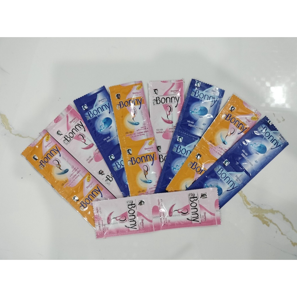 Dầu gội gói hương nước hoa BONNY, dầu gội đầu dây cho nhà nghỉ, khách sạn, giá rẻ, combo 100 gói rời, hàng lỗi nhỏ