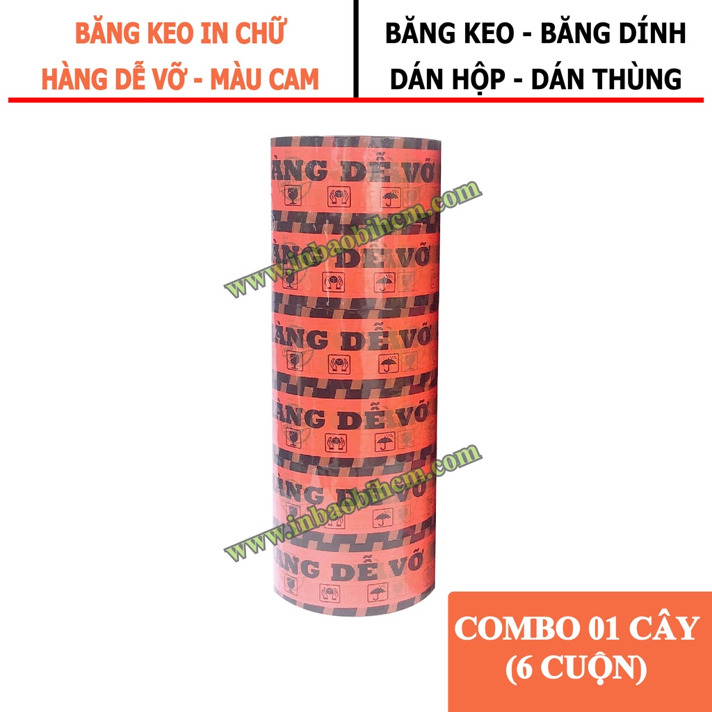 1 CÂY (6 CUỘN) Băng keo HÀNG DỄ VỠ màu CAM, Băng keo dán thùng, băng keo giá rẽ, InbaobiHCM