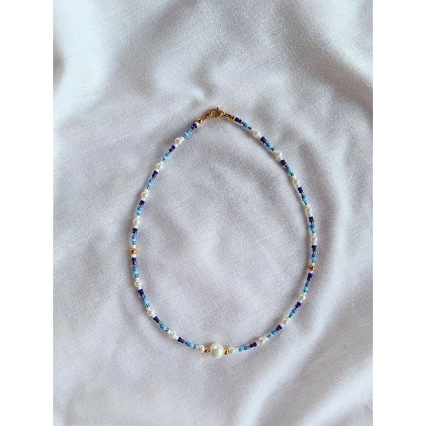 Vòng cổ mix hạt cườm gam màu xanh dương mix hạt giả trai