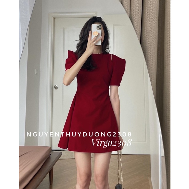 [HÀNG SẴN]VÁY-ĐẦM NHUNG ĐỎ TAY BỔNG HỞ VAI SIÊU XINH | BigBuy360 - bigbuy360.vn