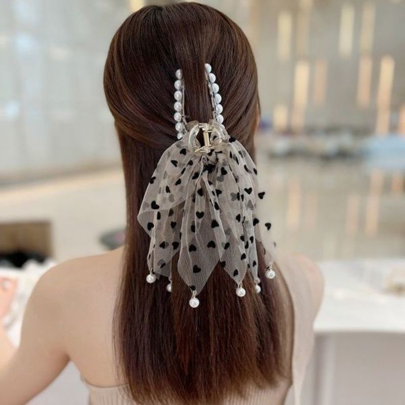 Kẹp Tóc Thắt Nơ Phối Tua Rua Họa Tiết Hình Tim