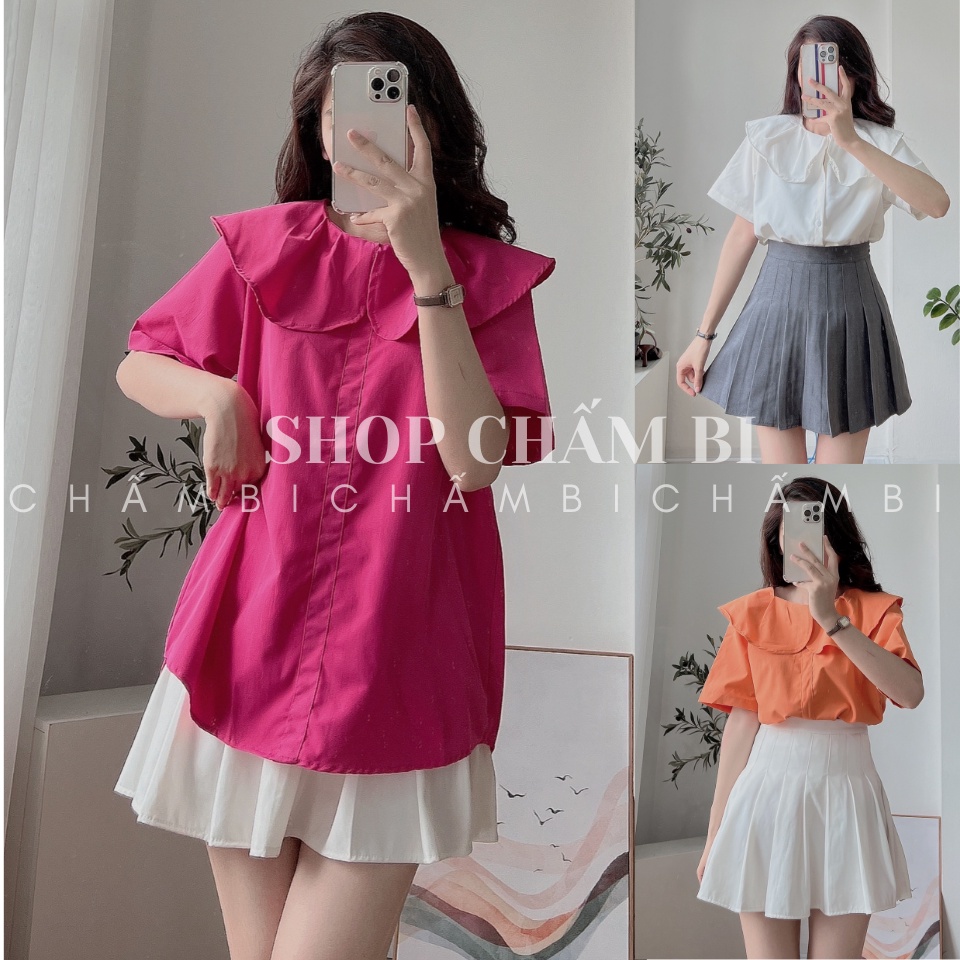 Áo sơ mi cách điệu A.320, Áo kiểu trơn cộc tay cổ bèo to xếp ly thanh lịch (mặc đc 2 kiểu) - Thời trang nữ Chấm Bi