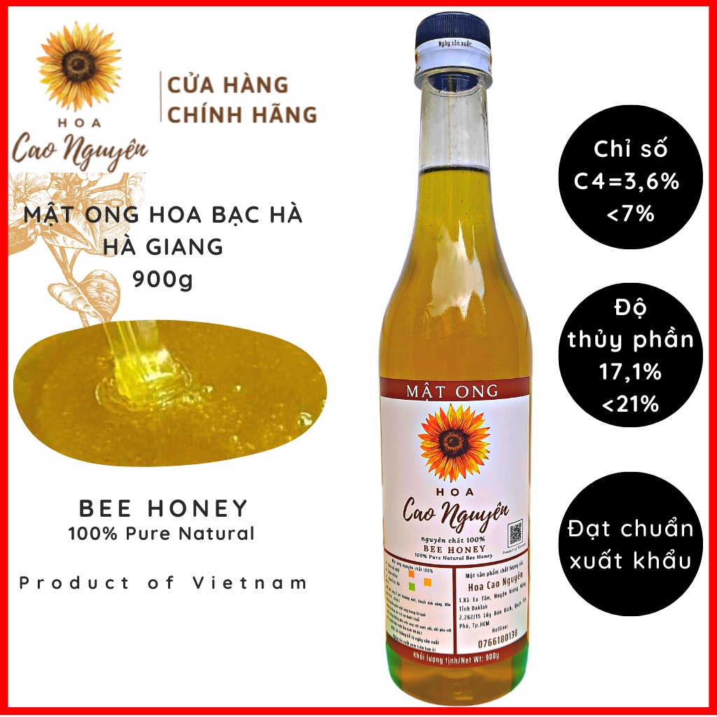 Mật ong bạc hà nguyên chất HOA CAO NGUYÊN 900g - Đạt chuẩn xuất khẩu