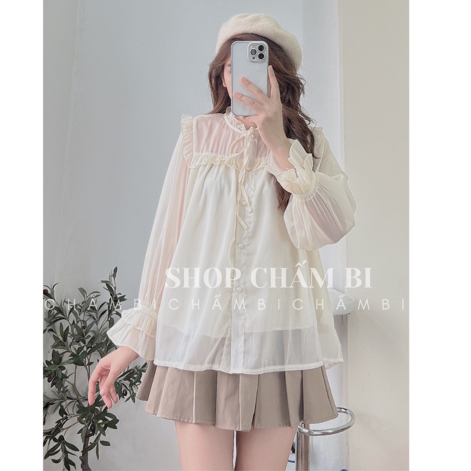 Áo sơ mi bánh bèo A.285, Áo sơ mi dáng babydoll cổ bèo thắt nơ cùng tay bèo cúc ngọc 2 màu ngọt ngào