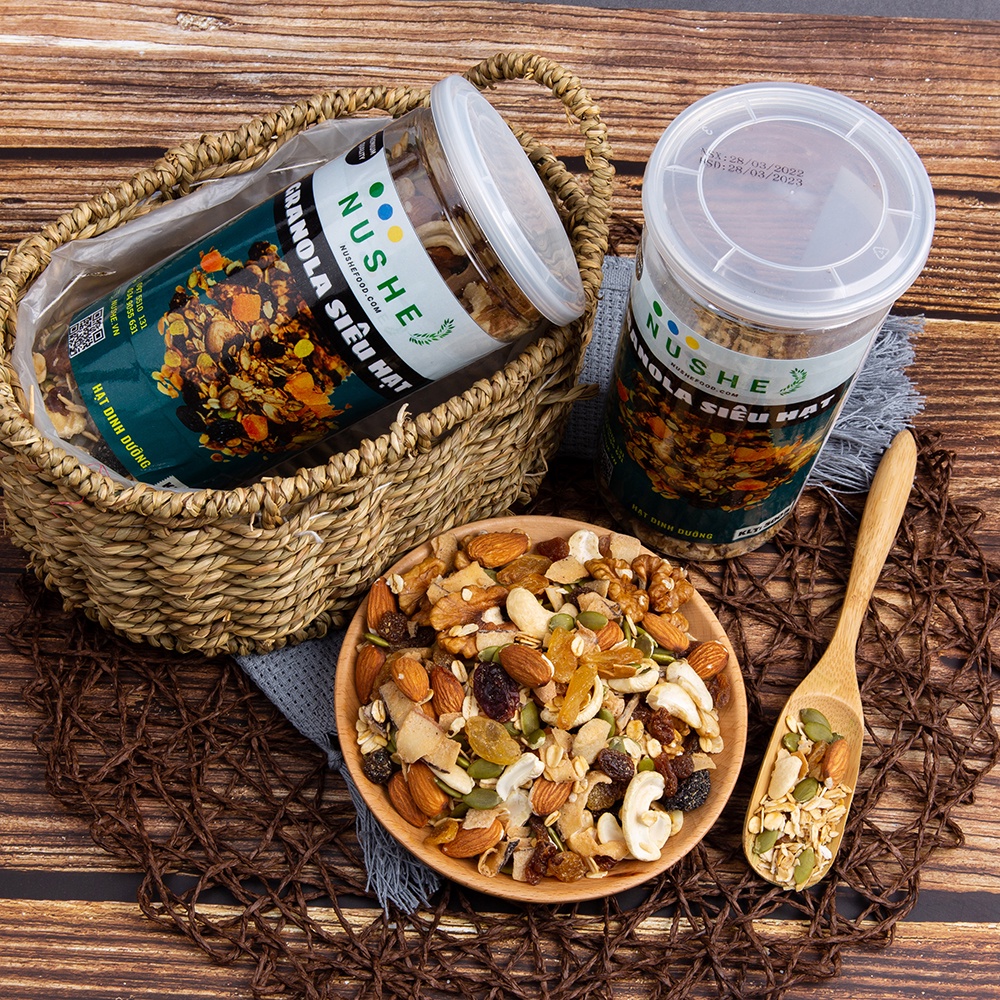 Granola Siêu Hạt, Nushe Food, Giảm Cân, Ăn Vặt, 10% yến mạch, 500gr, ăn kiêng, tăng cân