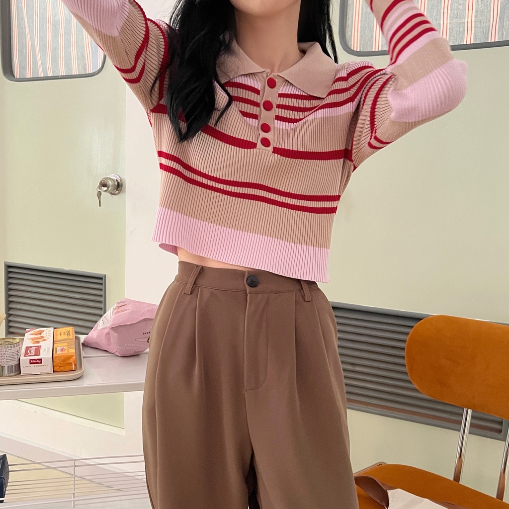 Áo Sweater Dệt Kim Cổ Polo Kẻ Sọc Màu Sắc Tương Phản Thời Trang Mùa Thu Cho Nữ