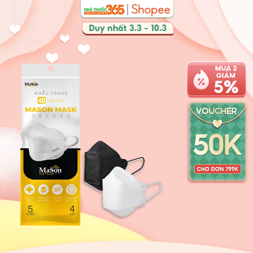 Khẩu Trang 4D MASON MASK DELUXE Cao Cấp Lọc Bụi Mịn, Kháng Khuẩn 4 Lớp - Gói 5 Chiếc