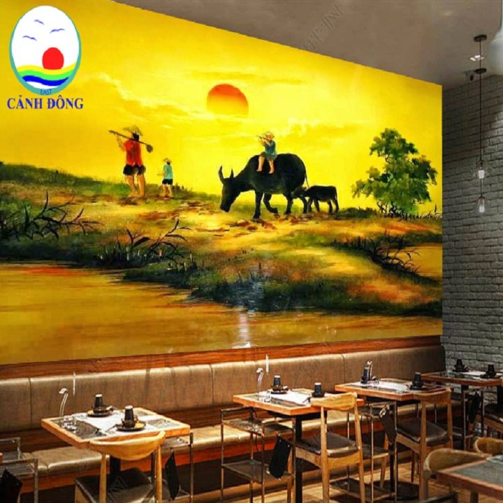 Trang trí nhà hàng dán tường phong cảnh làng quê Việt Nam yên bình, quán ăn, phòng đẹp ý nghĩa - in theo size yêu cầu