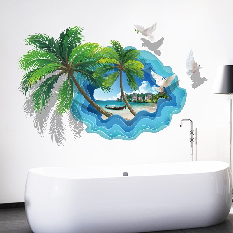 Decal dán tường - Giấy dán tường - Decal 3D Cửa sổ Dừa và biển