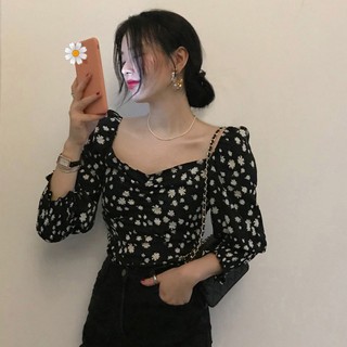 (ORDER) Áo sơ mi nữ hoa nhí cổ vuông vai bồng gợi cảm màu đen retro sang trọng Hàn Quốc (MẪU MỚI 2020)
