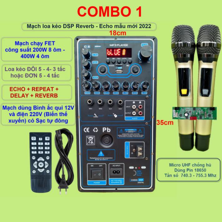 Mạch loa kéo Reverb Echo DSP dùng FET công suất 200W 8ôm 400W 4ôm, loa kéo ĐÔI 5 – 4 – 3 tấc hoặc ĐƠN 5 – 4 tấc kèm mic