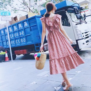 Đầm váy maxi caro đỏ phối bèo (kèm hình thật)