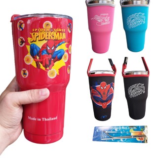 Combo ly giữ nhiệt người nhện đỏ 900ml kèm túi, 2 ống hút, cọ