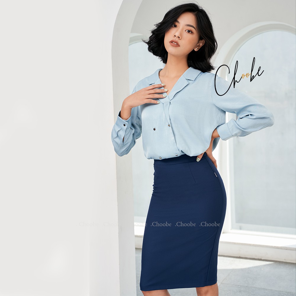 Chân váy Choobe bút chì lưng cạp cao có lớp lót đồ công sở ôm body xẻ sau dáng dài màu Xanh Navy CV05X | BigBuy360 - bigbuy360.vn
