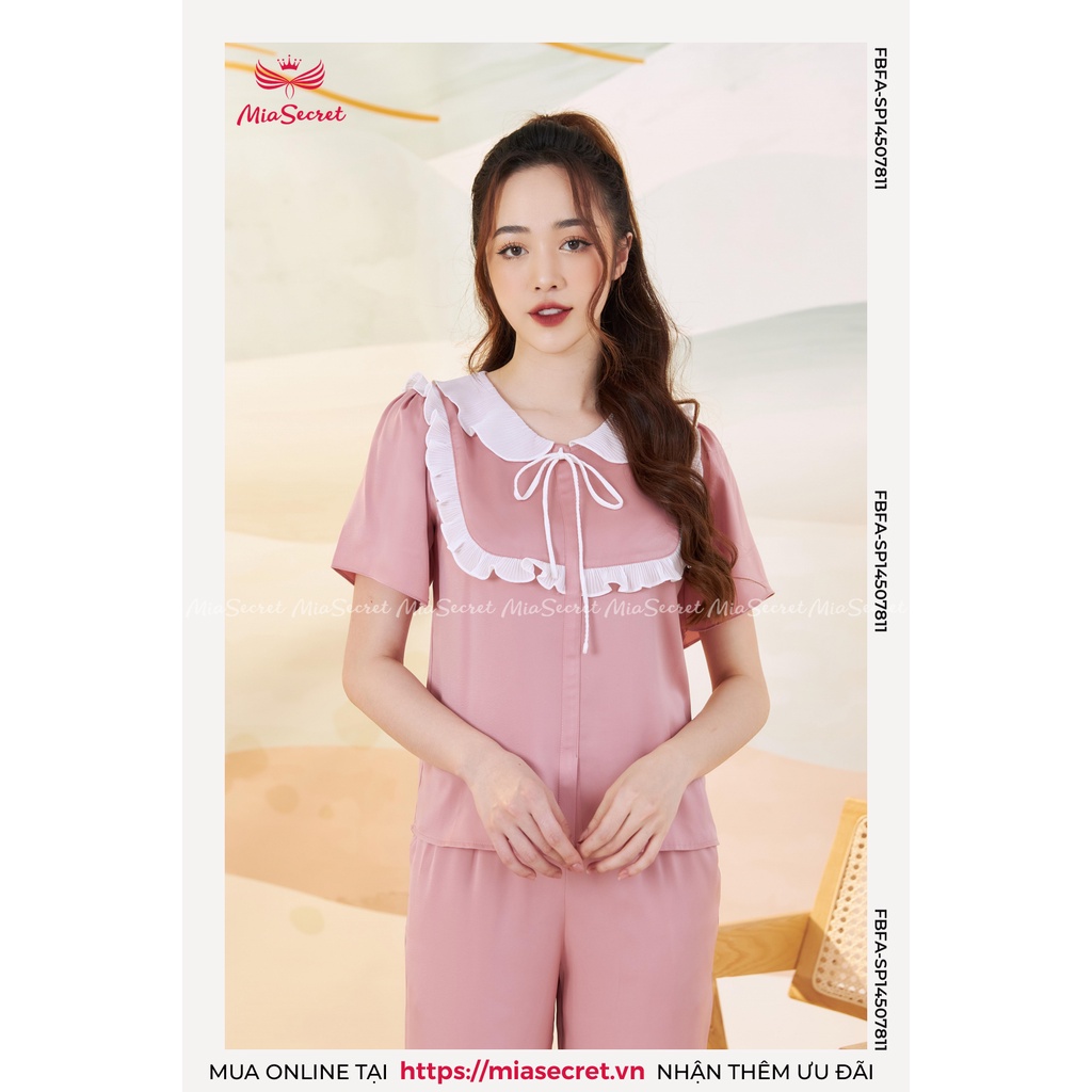 Bộ Đồ Ngủ Mia Secret Lụa Tằm Băng Cao Cấp - Cổ Sen Phối Rập Ly Hồng Đỗ Tay Cộc Quần Dài - SP14507811