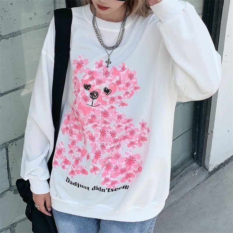 Áo Thun Sweater Dáng Rộng Tay Dài In Hình Gấu Và Hoa Dễ Thương