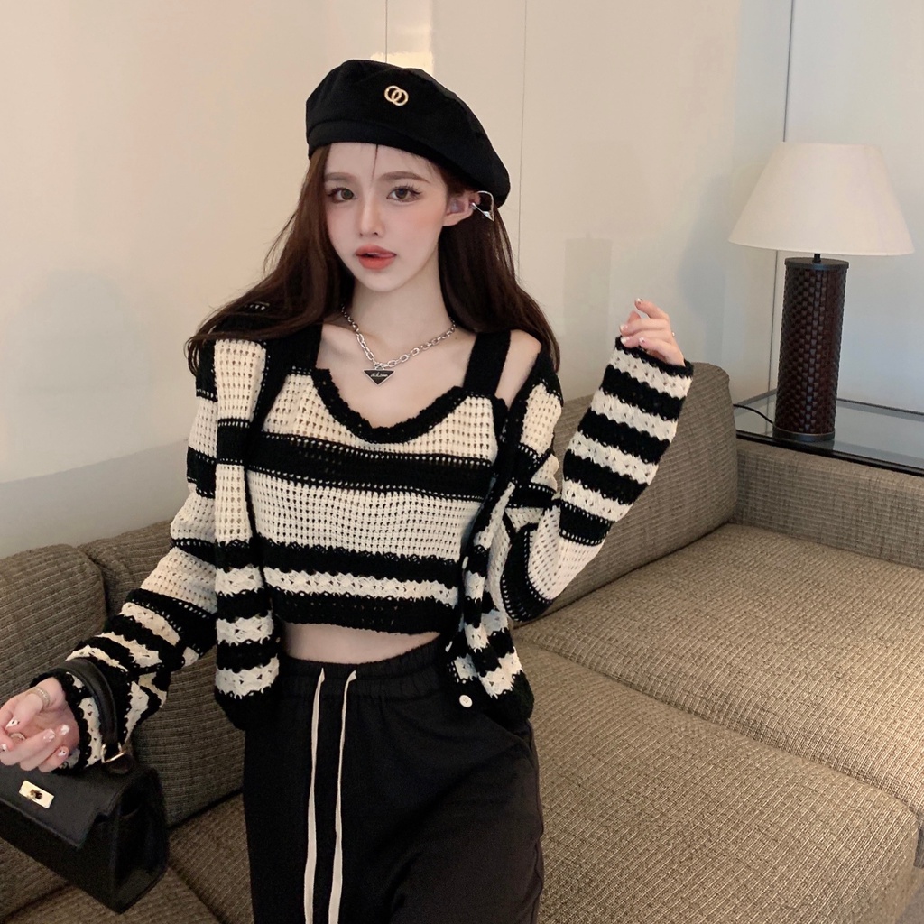 SUXI Áo Croptop Dệt Kim Tay Dài Kẻ Sọc Phong Cách Hàn Quốc