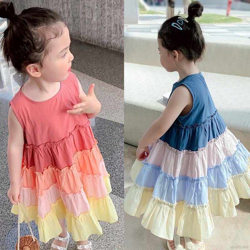 Đầm Sát Nách Màu Cầu Vồng Thời Trang Mùa Hè Cho Bé 3-8 Tuổi