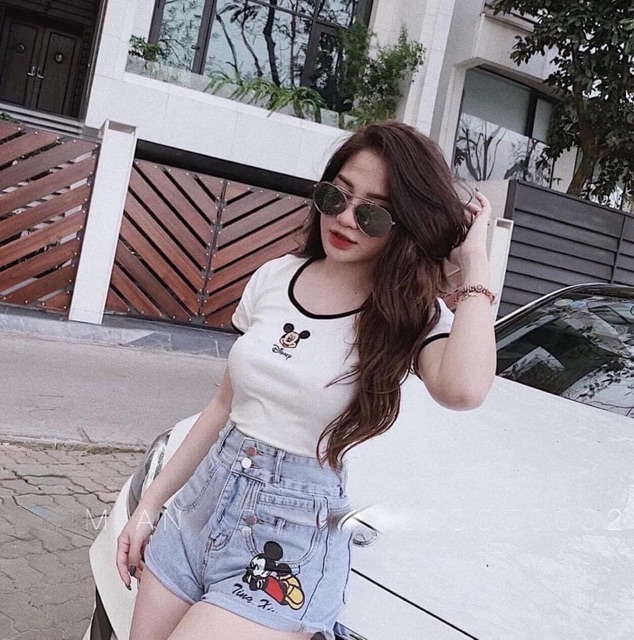 Áo Croptop body cổ tròn thêu hình #Mickey tay ngắn chạy viền