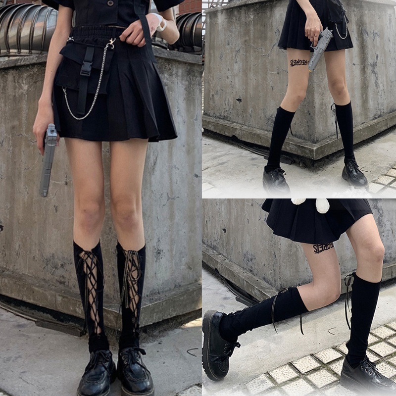 Vớ làm từ cotton thiết kế cổ cao phối dây đan chéo phong cách lolita thời trang dành cho nữ