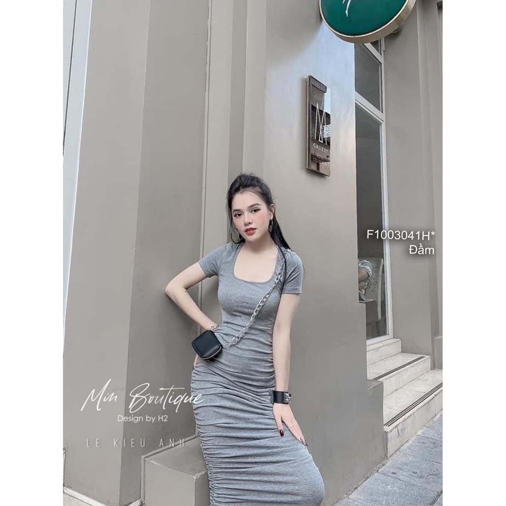 Đầm body thun nhún khoét đan dây chéo lưng dáng dài cổ vuông tay con!