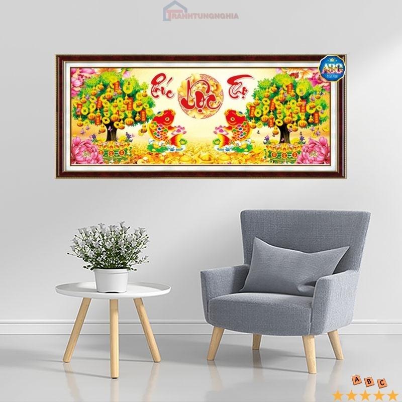 Tranh đính đá, tranh thêu chữ thập phúc lộc thọ