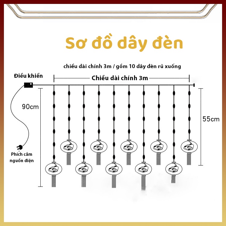 Bộ Đèn Lồng Đỏ Trang Trí Lễ Tết Đa Năng 3M, 200 bóng, 8 chế độ đèn, KC Home