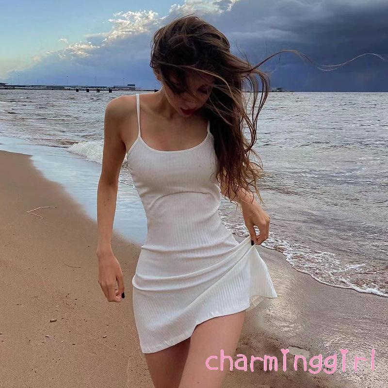 Đầm Ôm Hai Dây Hở Lưng Màu Sắc Trơn Thời Trang Mùa Hè Cho Nữ