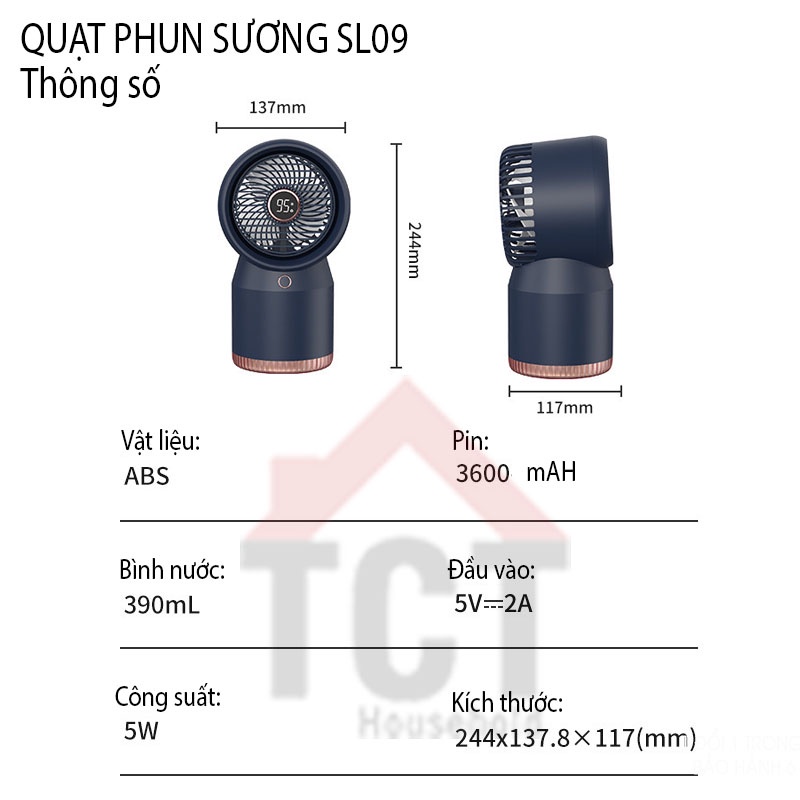 Quạt phun sương mini SL09 | Quạt Điều hoà Tích Điện Pin 3600mAh tạo độ ẩm làm mát khi ngủ, văn phòng, du lịch
