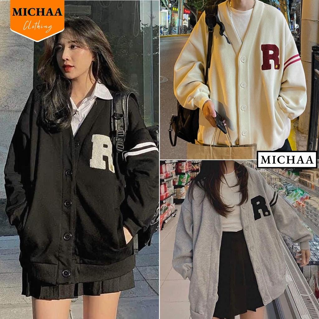 Áo Khoác Cardigian Nỉ CHỮ R THÊU MẶT CƯỜI Nam Nữ Form Rộng - MICHAA