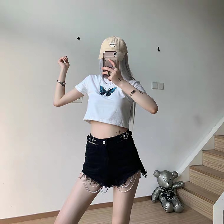 ÁO KIỂU NỮ - ÁO THUN CROPTOP THÊU HÌNH CÁNH BƯỚM XINH TRẮNG ĐEN
