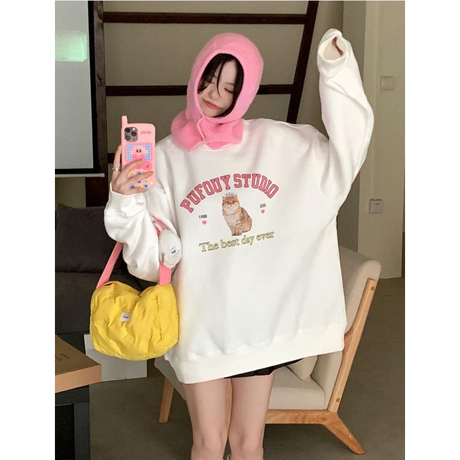 Áo sweater cổ tròn dáng rộng in hình mèo đáng yêu xinh xắn thời trang thu đông 2022