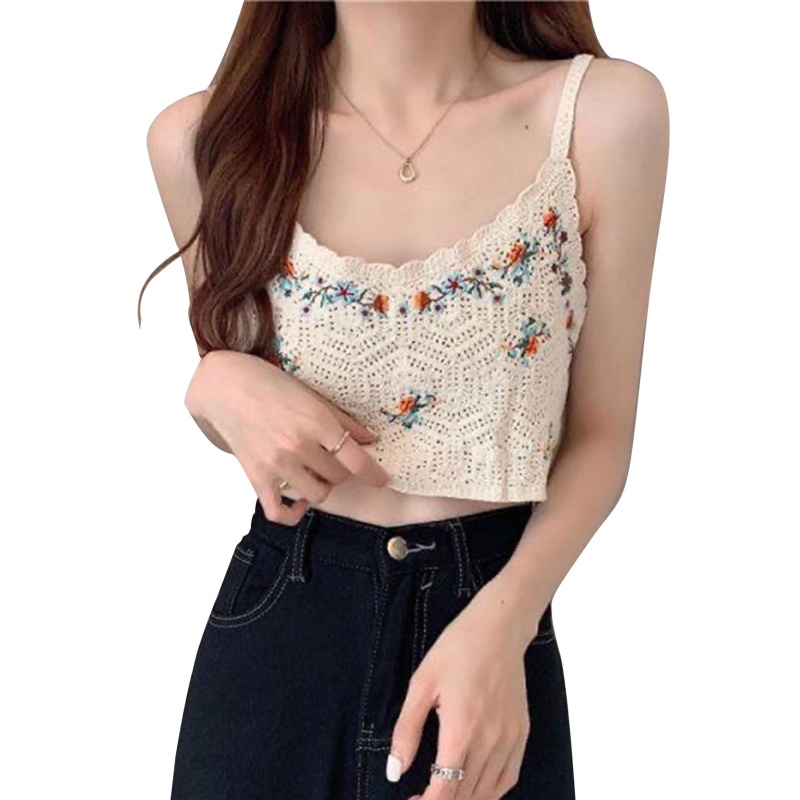 Yoi Áo Crop Top Hai Dây Dệt Kim Thêu Hoa Cổ Tròn Ngọt Ngào Mặc Hàng Ngày Đi Biển Cho Nữ