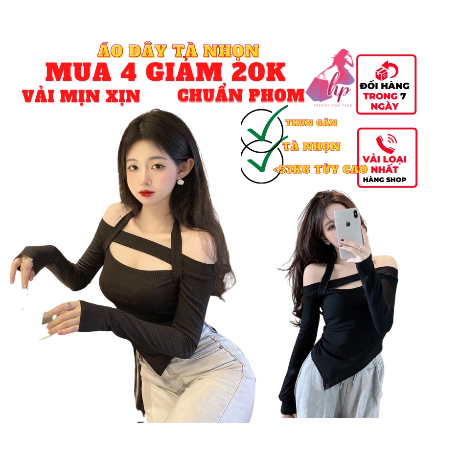 áo dây choàng cổ nữ kiểu bẹt trễ vai tay dài body vải thun borrip màu trắng đen mịn xịn sang chảnh phong cách hàn quốcq | BigBuy360 - bigbuy360.vn