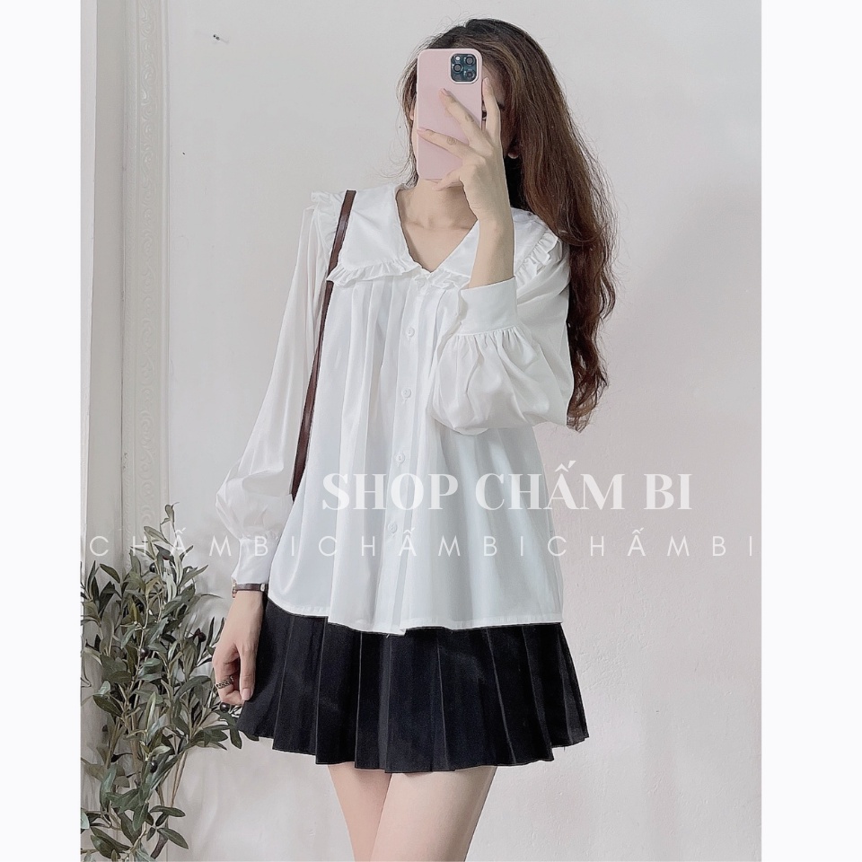 Áo Babydoll Dáng Xòe Xếp Ly 3 Hàng Dọc Ngực Cổ Bèo Sen To Dài Tay Cài Cúc Vải Thô Lụa - A.145