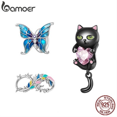 Hạt xỏ BAMOER bạc 925 hình mèo/ bướm/ lông vũ đính đá thời trang dành cho nữ