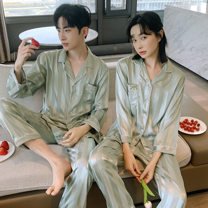 Đồ Ngủ Satin Lụa Màu Xanh xám  Đồ Đôi Mặc Nhà Ngắn Dài Nam Nữ  IVY614G