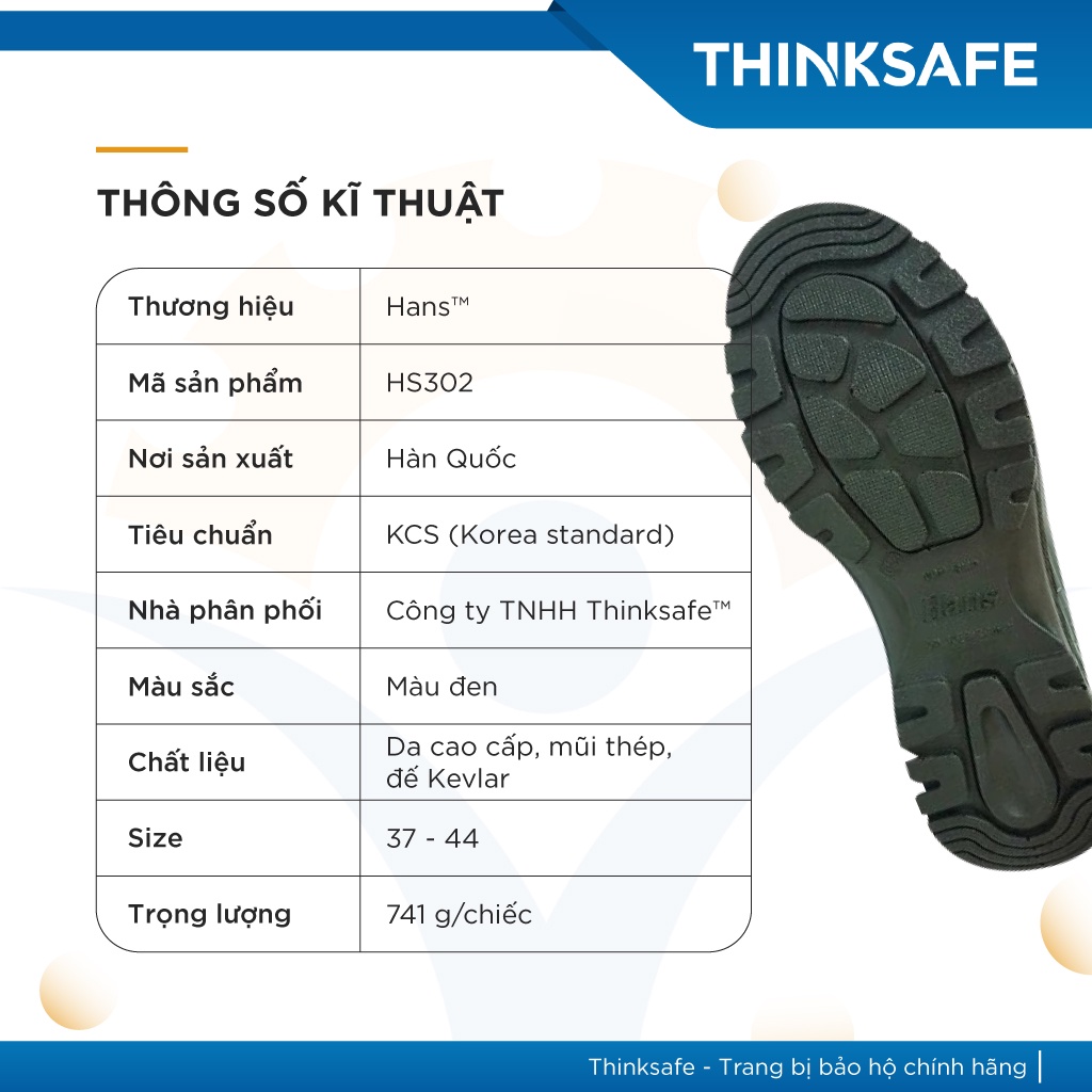 Giày bảo hộ lao động Hàn Quốc Hans HS302 khử mùi, chống trơn trượt, chống đinh, chống dập ngón, chịu áp lực đến 200kg