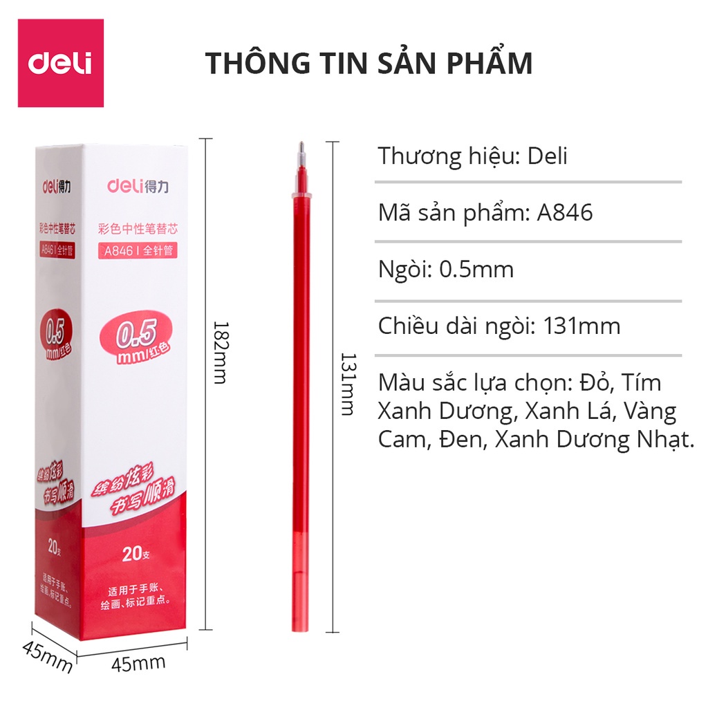 Ruột bút nước mực Gel Deli - Ngòi 0.5mm nhiều màu, nhanh khô, nét viết trơn tru, chất lượng cao
