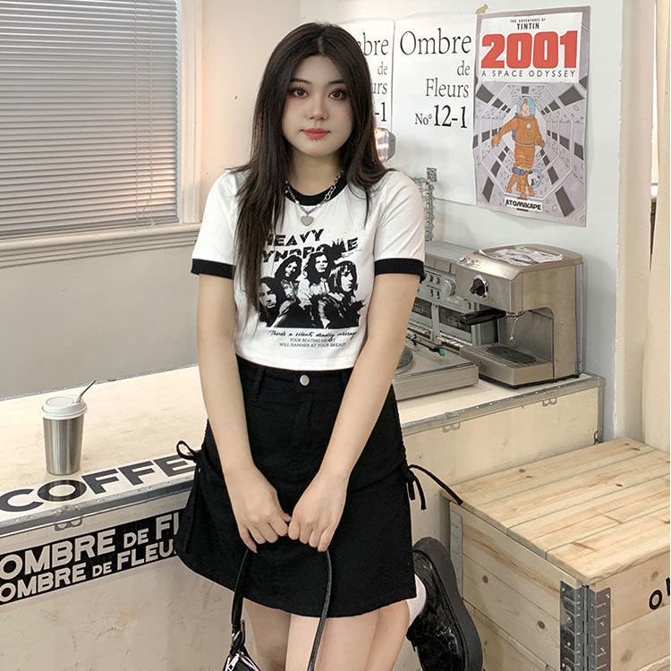 Large size 2022 summer black-and-white short-sleeved T-shirt women's short spicy blouse fat mm skirt set