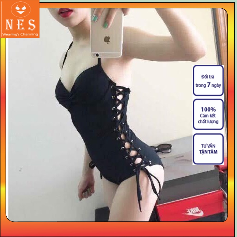 Bikini Bộ Đồ Bơi Nữ NES 1 Mảnh Dây Rút Eo Đen Quyến Rũ Kín Đáo Tôn Dáng Freesize (40-55 Kg) Thun Lạnh Co Giãn 4 Chiều