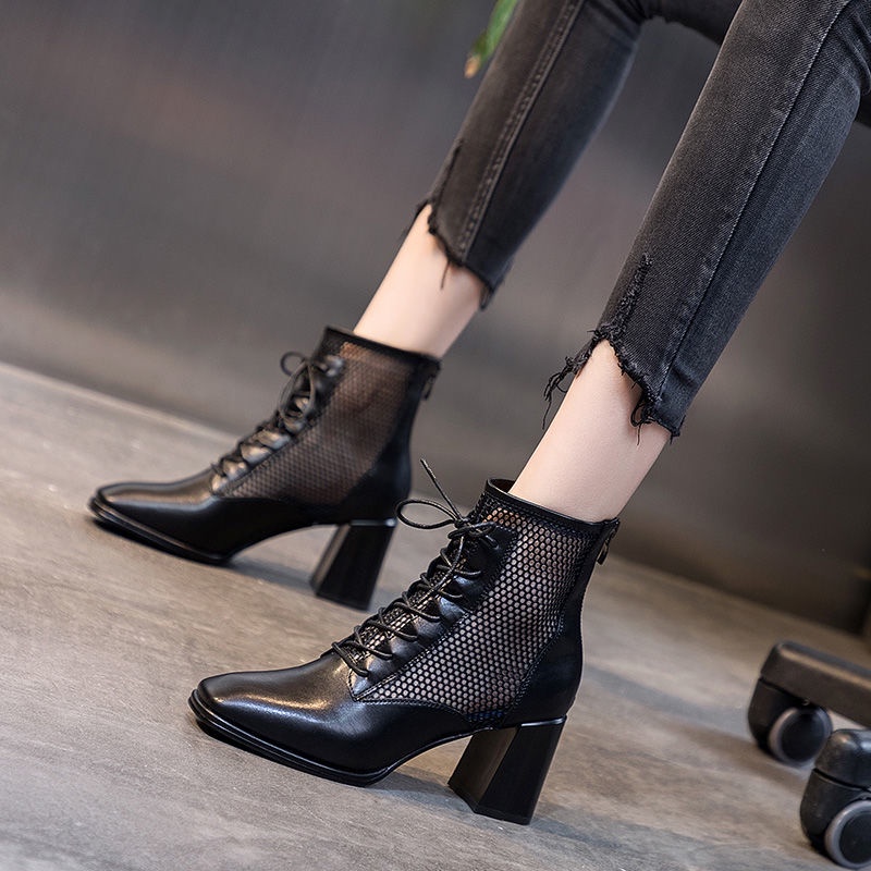 Giày Bốt Martin Cao Gót 2022 Thiết Kế Mới Phối Lưới Rỗng Thời Trang Xuân Hè Cho Nữ