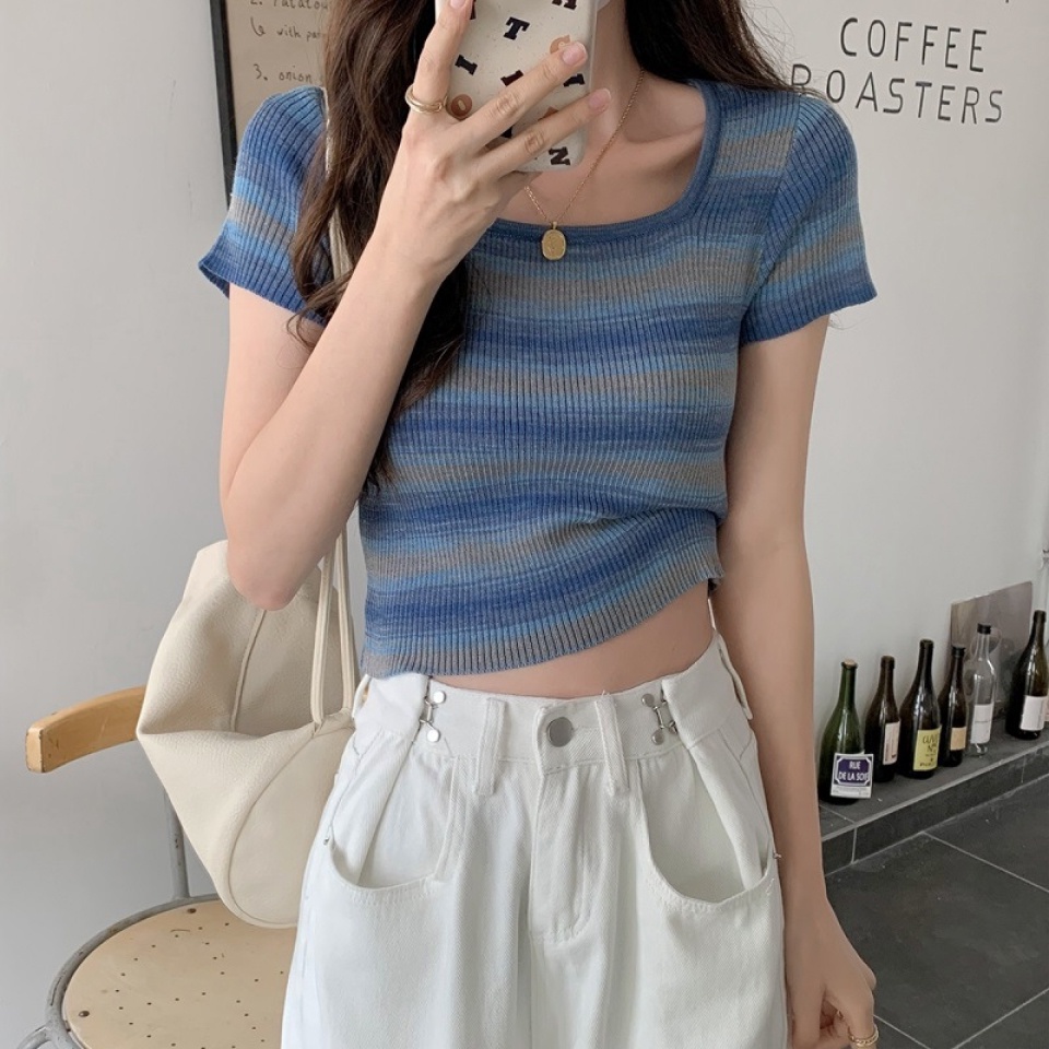 Áo thun len ngắn tay cổ vuông dáng ôm kẻ sọc ngang nhiều màu sắc phong cách Hàn Quốc cho nữ