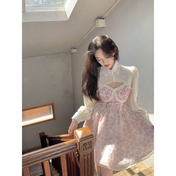 Set Đầm Hai Dây Phối Ren + Áo Sơmi Croptop Họa Tiết Hoa Phong Cách Pháp Ngọt Ngào Cho Nữ