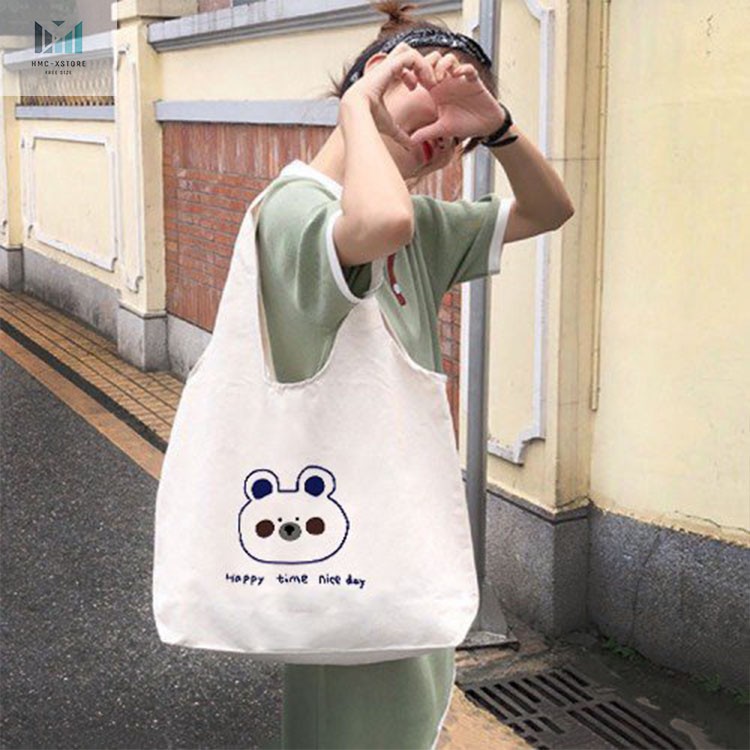 TÚI TOTE VẢI CANVAS ĐEO VAI HÌNH GẤU VUI VẺ